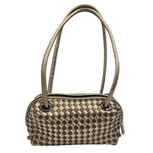Woven Metallic Gold‎ Shoulder Bag Unique Handle Baguette Designer Purse